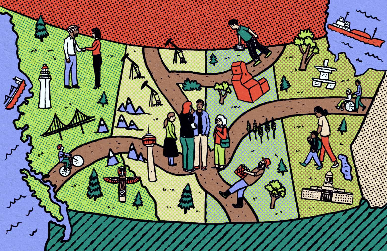 Illustration of the Western Canadian provinces with pathways between them, people, trees and buildings.